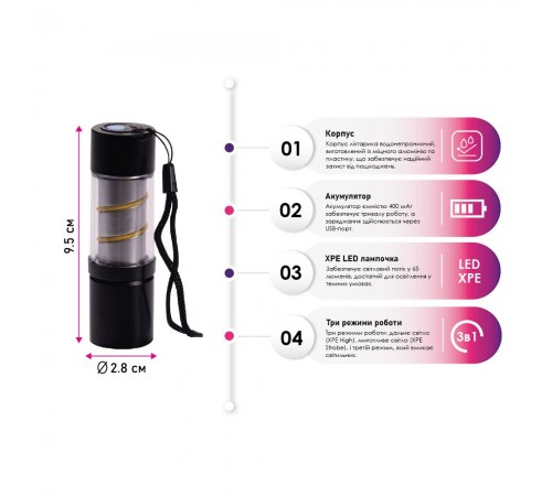 Ліхтарик акумуляторний 2в1 TheGeneral Eridan, з кольоровим підсвічуванням