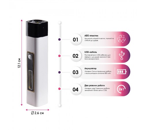 Ліхтарик акумуляторний 2в1 TheGeneral Corvus з боковим COB light